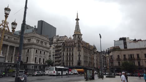 Panoramic-shot-of-old-buildings,-El-Molino-confectionery-in-the-city-of-Buenos-Aires,-Argentina,-rainy-morning,-downtown