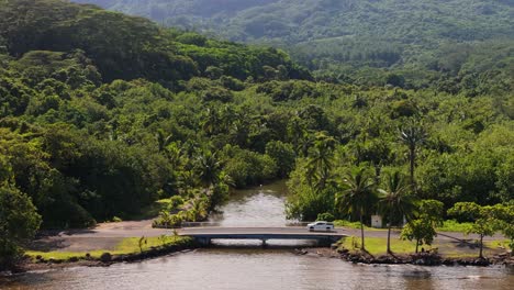 Drone-flying-over-river-crossing-in-Moorea,-French-Polynesia-with-forest-in-the-background