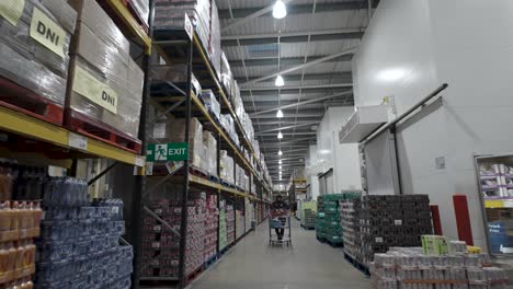 POV-Beim-Vorbeigehen-Am-Gang-Im-Costco-Lager-Mit-Hohen-Regalen-Voller-Haushaltsgeräte-Auf-Paletten