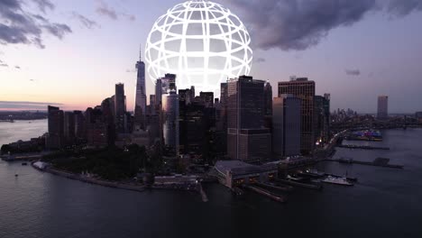Rotating-globe-above-the-skyline-of-Manhattan,-sunset-in-New-York---CGI-render