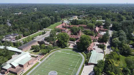 Cranbrook-Upper-School-Campus-and-football-field,-Bloomfield-Hills,-Michigan,-USA