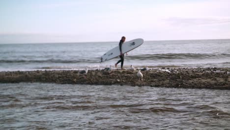 Surfista-Femenina-Caminando-En-La-Playa