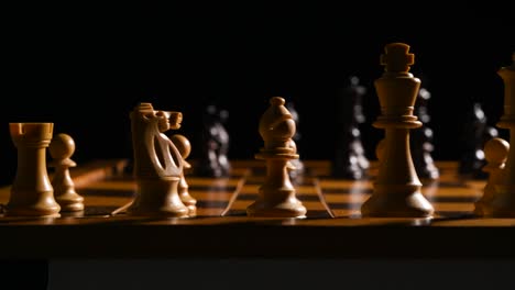 Cinematic-shot-of-white-and-black-chess-pieces-on-a-chessboard