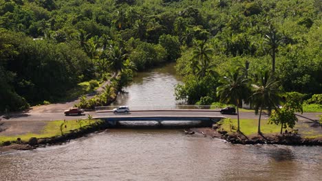 Puente-De-Un-Pequeño-Pueblo-Que-Cruza-El-Río-Con-Automóviles-Circulando-En-La-Polinesia-Francesa