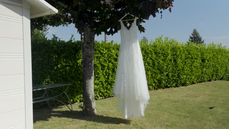 White-delicate-wedding-dress-hangs-gracefully-on-tree-swaying-gently