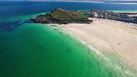 St-Ives-Turquoise-Green-Waters-Along-Porthmeor-Beach-from-an-Aerial-Drone-During-Summer