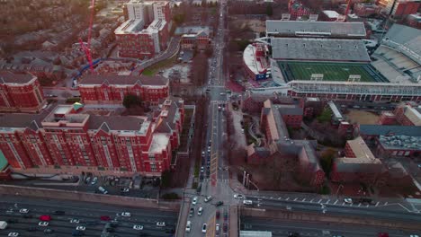 Aerial-view-showcasing-West-Atlanta,-Georgia,-featuring-the-iconic-Coca-Cola-building-and-a-sports-stadium