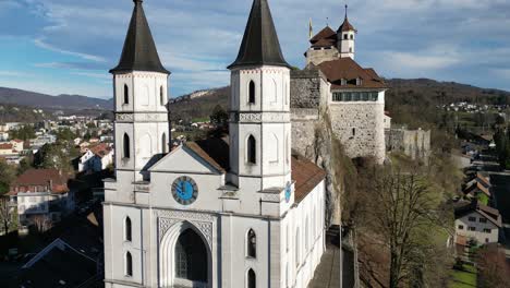 Aarburg-Aargau-Switzerland-closeup-view-of-castle-clock-towers