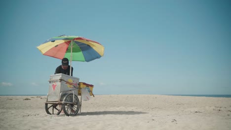 Colorful-Ice-Cream-Stall-with-Man-Crouching-then-Stands-Up