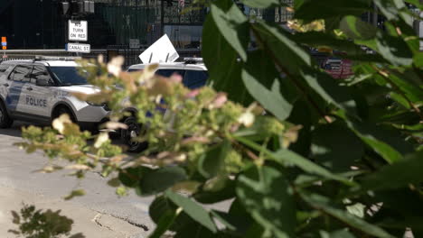 Dos-Coches-De-Policía-Estacionados-En-Una-Calle-Del-Centro-De-Chicago-Con-Carteles-De-Seguridad-Nacional-En-El-Lateral