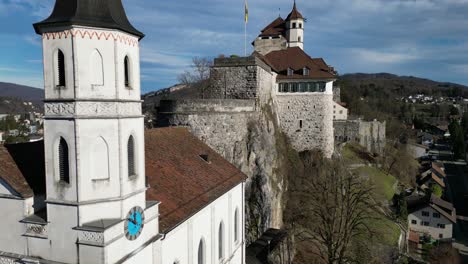 Aarburg-Aargau-Switzerland-aerial-slides-by-clock-towers-of-castle