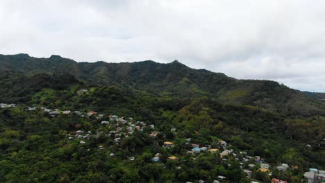 Lush-grenada-rainforest-with-scattered-homes,-aerial-view