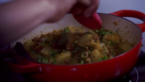 Using-a-silicone-spoon-to-stir-papaya-curry-in-a-cast-iron-pot-Green-and-ripe-yellow-organic-fresh-papaya-pawpaw