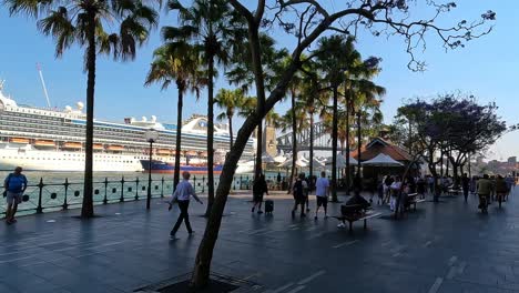 Busy-waterfront-walkway-with-people-and-a-cruise-ship-in-sunny-Sydney,-Australia,-palm-trees-line-the-path,-cyclist-in-motion