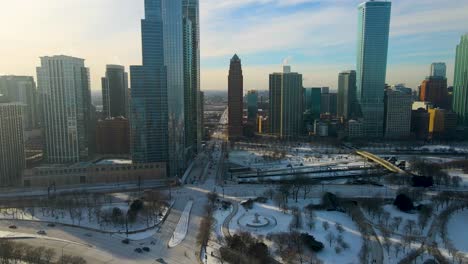 Aerial-drone-footage-of-Chicago-downtown-near-lake-Michigan-during-sub-zero-temperatures-in-the-winter-time