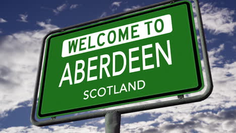 Welcome-to-Aberdeen,-Scotland,-UK-City-Road-Sign,-Realistic-3D-Animation