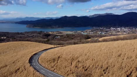 Winding-road-through-golden-fields-with-a-lake-view-and-mountains-in-the-distance,-aerial-shot