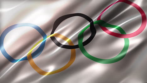 Olympic-Flag,-perspective-view,-high-angle,-glossy,-elegant-silky-texture,-waving-in-the-wind,-movie-like-look,-realistic-4K-CG-animation,-sleek,-slow-motion-fluttering,-seamless-loop-able