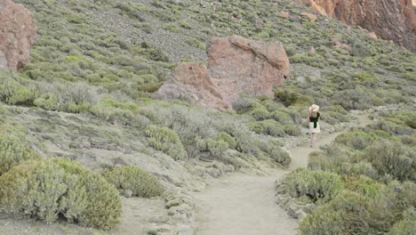 Woman-in-summer-clothes-wonders-in-astonishing-Teide-National-Park-landscape