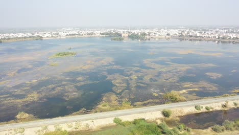 Aerial-drone-view-going-towards-the-side-as-many-birds-are-flying-in-the-water,-Samantsar-Lake,-Halvad-Palace,-Morbi