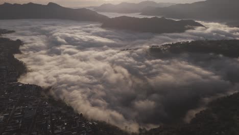 Aerial-view-of-the-goldfinches-ravine,-Zacatlan-whit-fog