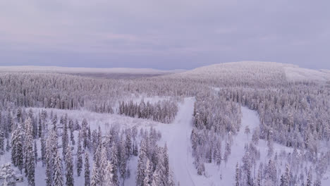 Aerial-view-along-a-snowy-road-in-middle-of-wintry-forest-and-hills-of-Lapland