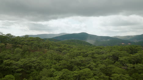 Flying-Over-Mountains-Range-Covered-with-Green-Pine-Forests-On-a-Hazy-Cloudy-Day-in-Vietnam,-Lam-Dong