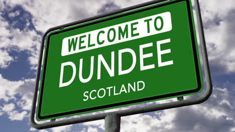 Welcome-to-Dundee,-Scotland,-UK-City-Road-Sign,-Realistic-3D-Animation