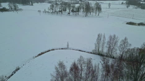 Winterliche-Felder-Mit-Schnee-Bedeckt-Und-Einem-Nach-Oben-Geneigten-Blick-Auf-Ein-Bauernhaus,-Umgeben-Von-Bäumen