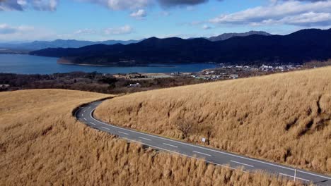 Winding-road-through-golden-fields-with-lake-and-mountains-in-the-background,-aerial-view