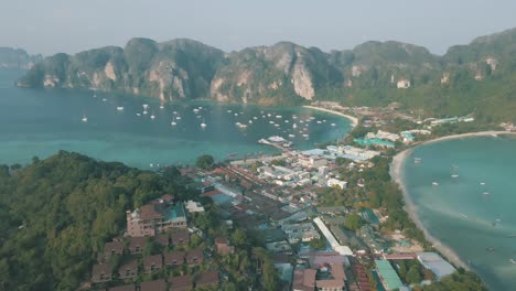 Slow-motion-drone-footage-of-the-beaches-and-town-on-Phi-Phi-Islands-Thailand