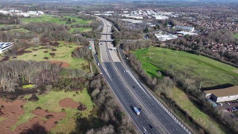 Aerial-wide-shot-of-M27-Smart-Motorway-midday-sunny-UK