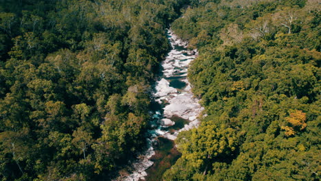 Cinematic-view-from-above-of-Behana-Gorge-creek,-Holiday,-Remote-Location,-Cairns