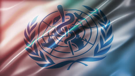 World-Health-Organization-Flag,-perspective-view,-high-angle,-glossy,-elegant-silky-texture,-waving-in-the-wind,-movie-like-look,-realistic-4K-CG-animation,-slow-motion-fluttering,-seamless-loop-able
