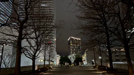 Evening-walk-through-a-city-park-with-illuminated-buildings-in-the-background,-framed-by-bare-trees,-in-Yokohama,-Japan