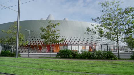 Soft-slow-motion-shot-from-car-viewing-entire-Brest-Arena