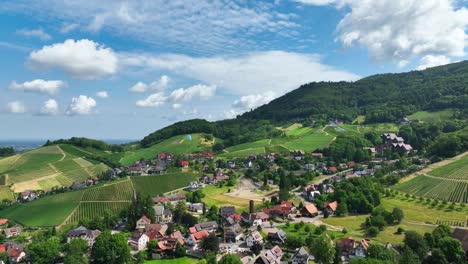 Explore-La-Serena-Belleza-Del-Pueblo-De-La-Selva-Negra-De-Alemania:-Campos-Exuberantes,-Bosques-Densos,-Colinas-Y-Un-Parapente-Volando-Alto