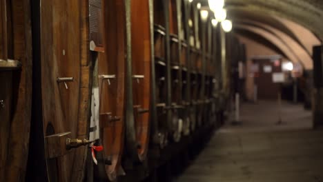 Long-Lane-of-Wooden-Oak-Wine-Barrels-In-Cave-Historique-des-Hospices-de-Strasbourg-Cellar