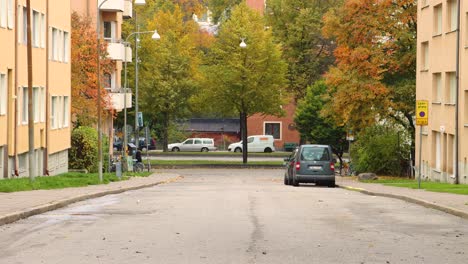Una-Mujer-Distante-Camina-Con-Un-Cochecito-Por-El-Tráfico-En-Estocolmo-En-Otoño