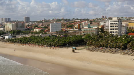 Vista-Aérea-De-La-Playa,-Palmeras-Y-La-Ciudad-Circundante,-Praia-Do-Futuro,-Ceara,-Brasil.