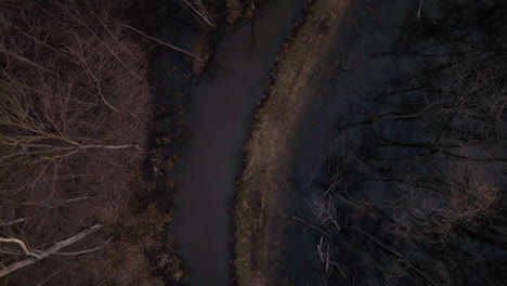 Twilight-over-Loosahatchie-River,-bare-trees-lining-the-tranquil-waters,-aerial-perspective