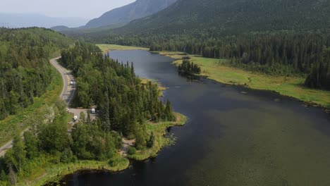 Aerial-Drone-View-of-Seeley-Lake-Provincial-Park-with-Yellowhead-Highway-Alongside-the-Beautiful-Landscape-at-Smithers,-Canada