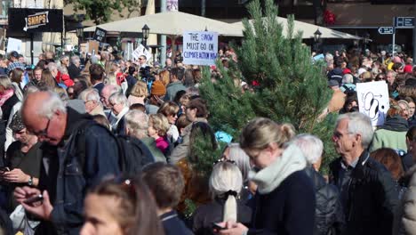 Large-gathering-of-people-at-environmental-rally-in-Stockholm,-Sweden
