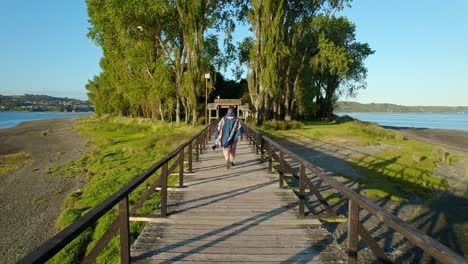 Dolly-Rastreando-A-Un-Joven-Con-Un-Poncho-Azul-Típico-Chileno-Caminando-Por-El-Puente-De-Madera-Hacia-La-Isla-Aucar,-Quemchi-Chiloé,-Una-Gaviota-Pasando-Por-Encima