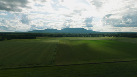 Expansive-green-fields-in-dardanelle,-arkansas-with-mountains-in-backdrop,-clouds-above,-aerial-view