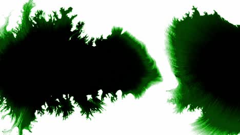 Splashes-and-spots-of-green-ink-spreading-on-white-background