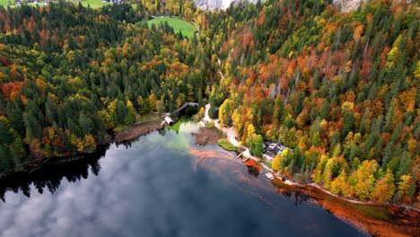 A-vibrant-blue-lake,-surrounded-by-a-dense-green-forest-with-patches-of-yellow-and-orange-autumn-foliage,-is-captured-from-above-in-a-clear,-sunny-day