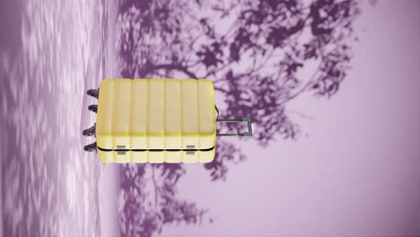 Vertikaler-Gepäckkoffer-Mit-Naturpflanze,-Sommerbrise-Auf-Violettem-Hintergrund,-Konzept-Von-Reiseurlaub-Und-Remote-Arbeit,-3D-Rendering-Animation