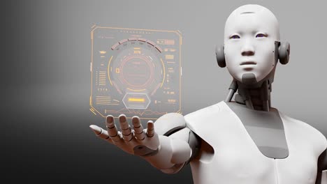 Robot-humanoid-prototype-holding-holographic-hologram-with-infographic-on-hand-palm,-artificial-intelligence-taking-over-concept,-3d-rendering-animation