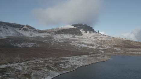 Loch-Leathan-lake-shores-with-Old-Man-of-Storr-in-background,-Isle-of-Skye-in-winter-season,-Scotland